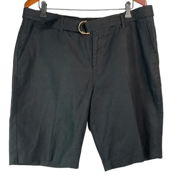 LIZ CLAIBORNE Black Linen Blend Dressy Bermuda Shorts Belt Pockets Flat Front 16 - Picture 2 of 10